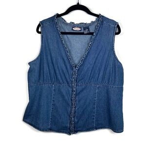 Zoey & Beth Womens 3X Denim Vest Cottagecore Boho Y2K Ruffle Button Top
